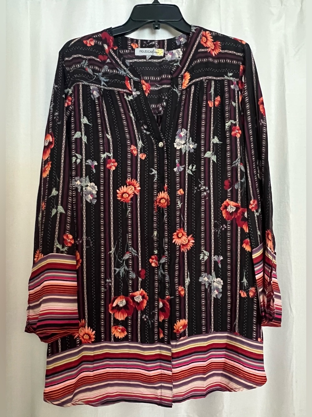 Figuroa & Flower Floral Boho Tunic Blouse XL Bell Sleeve Tie Back